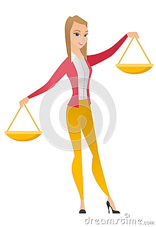 Caucasian business woman holding balance scale. Vector Illustration