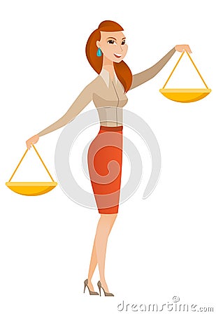 Caucasian business woman holding balance scale. Vector Illustration