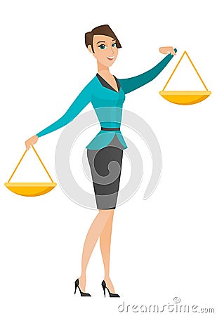 Caucasian business woman holding balance scale. Vector Illustration