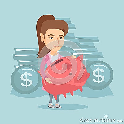 Caucasian business woman holding big piggy bank. Vector Illustration