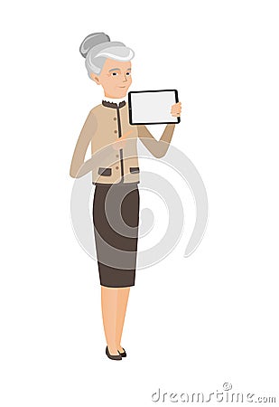 Caucasian business woman holding tablet computer. Vector Illustration