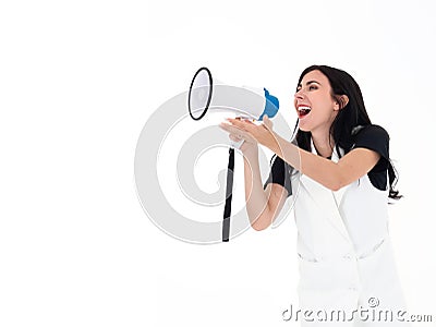 Caucasian business woman speak loud by bullhorn and promote product sale alert on the month isolated on white background with copy Stock Photo