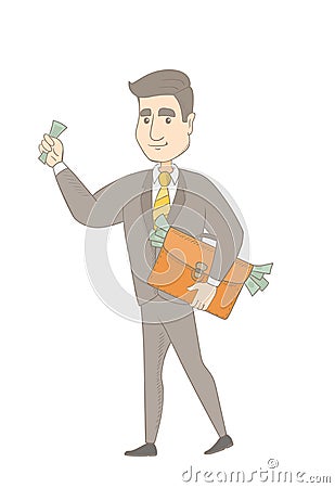 Caucasian businessman with briefcase full of money Vector Illustration