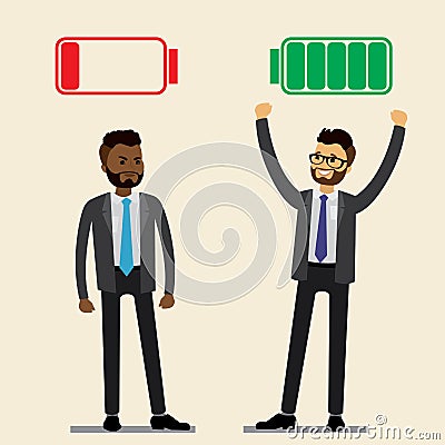 Caucasian Businessman with green full battery and african american sad businessman with red low battery Vector Illustration