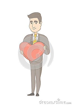 Caucasian businessman holding a big red heart. Vector Illustration