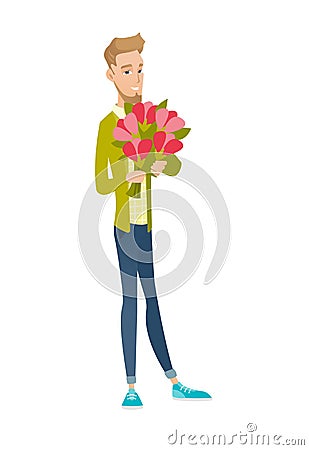 Caucasian businessman holding bouquet of flowers. Vector Illustration