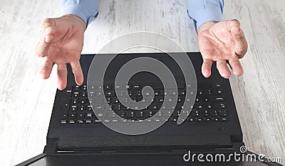 Caucasian businessman meditating in office. Lotus position. Relax Stock Photo