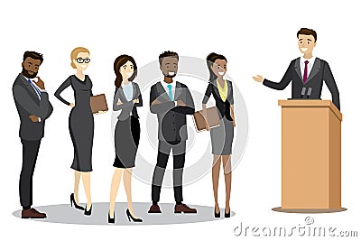 Caucasian businessman or politician speaking to audience from tr Vector Illustration