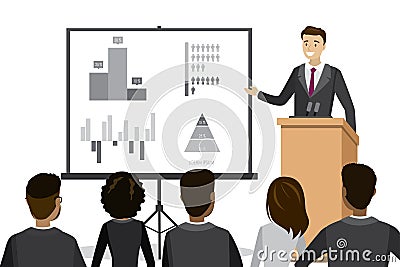 Caucasian businessman speaking to audience from tribune Vector Illustration