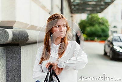 Caucasian businesswoman girl worries that she is late Stock Photo