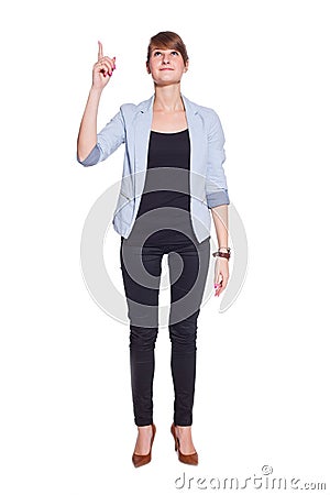 Caucasian businesswoman pointing up showing copy space. Isolated Stock Photo