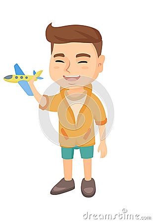 Caucasian cheerful boy playing with a toy airplane Vector Illustration