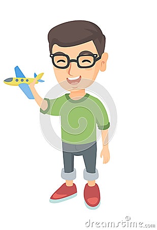 Caucasian cheerful boy playing with a toy airplane Vector Illustration