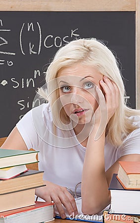 Caucasian college student woman studying math exam Stock Photo