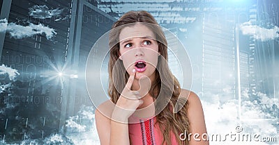 Caucasian confused woman against data processing, computer servers and clouds Stock Photo