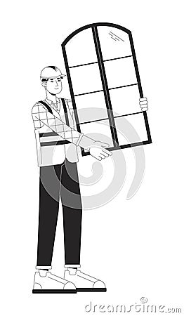 Caucasian construction worker holding window black and white 2D line cartoon character Vector Illustration