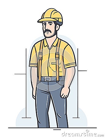 Caucasian construction worker in yellow hard hat and suspenders. Serious professional builder standing confidently Vector Illustration