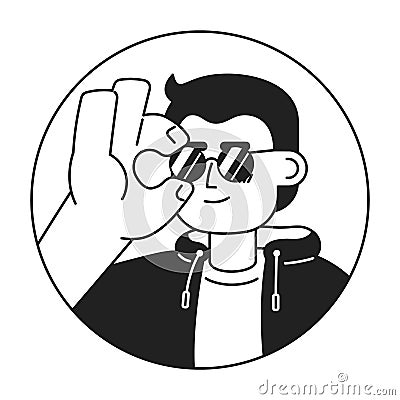 Caucasian cool dude adjusting sunglasses black and white 2D vector avatar illustration Vector Illustration