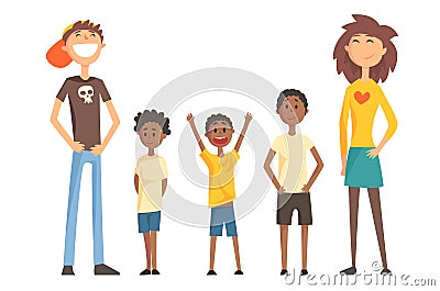 Caucasian couple and three Afro-American teenager boys. Happy interracial family. Young parents with children. Flat Vector Illustration