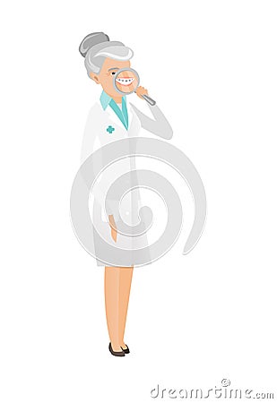 Caucasian dentist examining teeth with a magnifier Vector Illustration