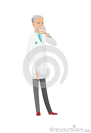 Caucasian dentist examining teeth with a magnifier Vector Illustration