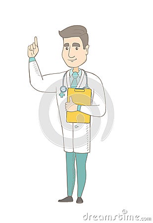 Caucasian doctor holding clipboard with documents. Vector Illustration