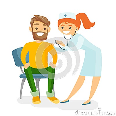 Caucasian doctor listening to the heart of patient Vector Illustration