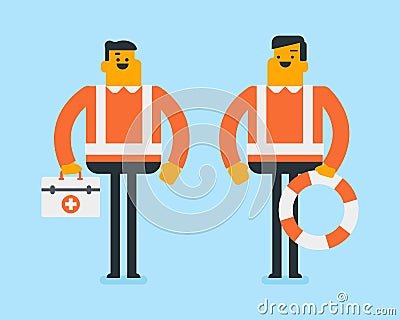 Caucasian doctors with first aid box and lifebuoy. Vector Illustration