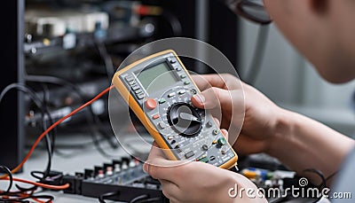 Caucasian electrician holding multimeter, repairing electrical equipment with expertise generated by AI Stock Photo