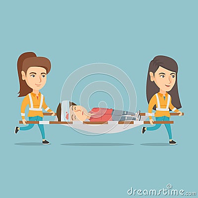 Emergency doctors carrying woman on stretcher. Vector Illustration