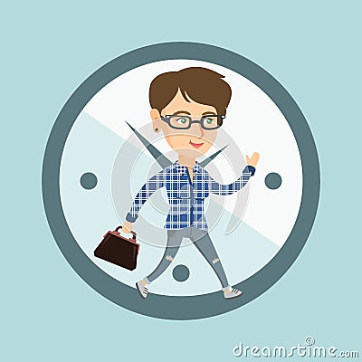Caucasian employee running on clock background. Vector Illustration