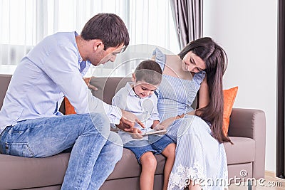 Caucasian family in status of serious. Father and mother looking Stock Photo