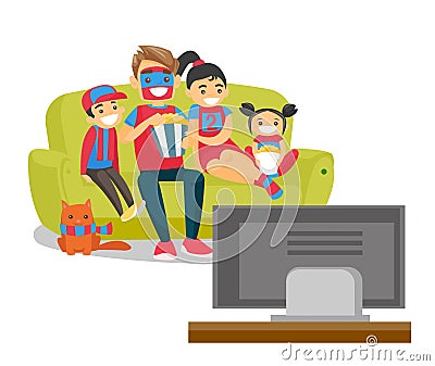 Caucasian family watching football match on TV Vector Illustration