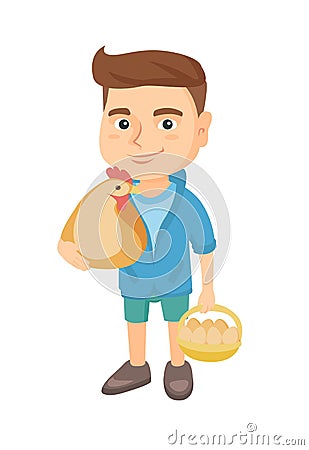 Caucasian boy holding a chicken and hen eggs. Vector Illustration