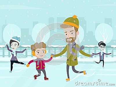 Caucasian father teaching his son ice skating. Vector Illustration