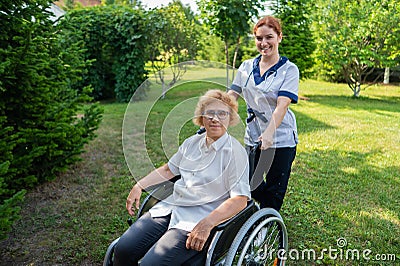 Caucasian female doctor walks with an elderly patient in a wheelchair in the park. Nurse accompanies an old woman on a Stock Photo