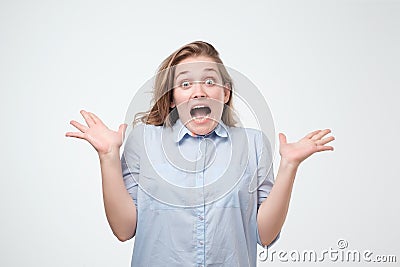 Caucasian female with Oh my god, WOW emotion expression. Stock Photo