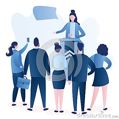 Caucasian female Politician speaking. Woman speaker giving speech from tribune Vector Illustration