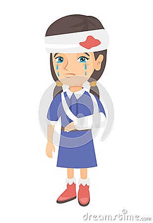 Caucasian girl with broken arm and bandaged head. Vector Illustration