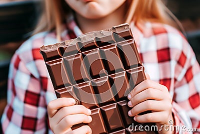 Caucasian girl close up holding chocolate bar in hands Stock Photo