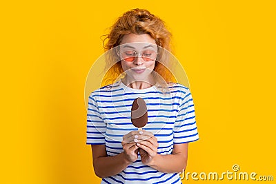 caucasian girl with icelolly ice cream on background. photo of girl with icelolly ice cream Stock Photo