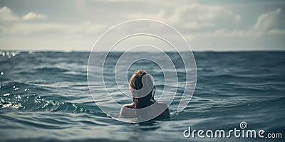 caucasian girl swims in the sea back view generative ai Stock Photo