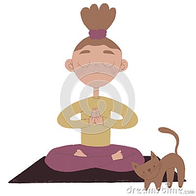 Caucasian girl in yoga asana with cat near her Cartoon Illustration