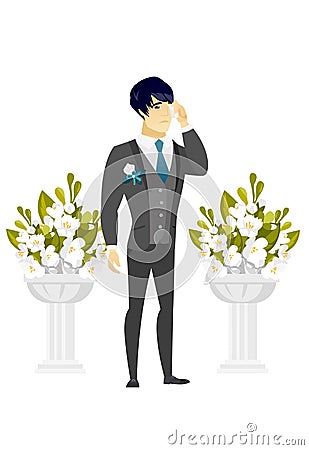 Caucasian groom crying during wedding ceremony. Vector Illustration