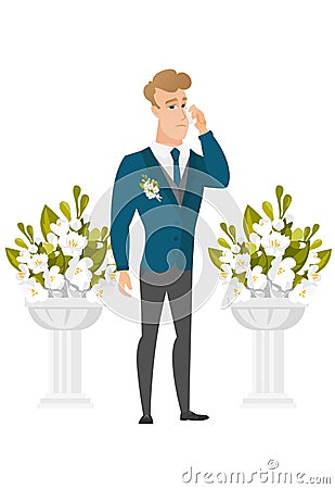 Caucasian groom crying during wedding ceremony. Vector Illustration