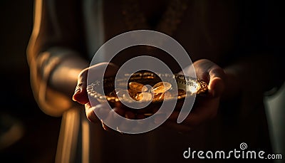 Caucasian hand holding gold coin, giving wealth generated by AI Stock Photo