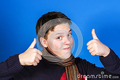 Caucasian ill boy dressed with neckscarf Stock Photo