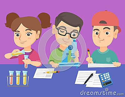 Caucasian kids making chemical experiment. Vector Illustration