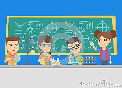 Caucasian kids working at chemistry class. Vector Illustration