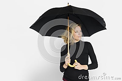 Caucasian Lady Black Umbrella Concept Stock Photo